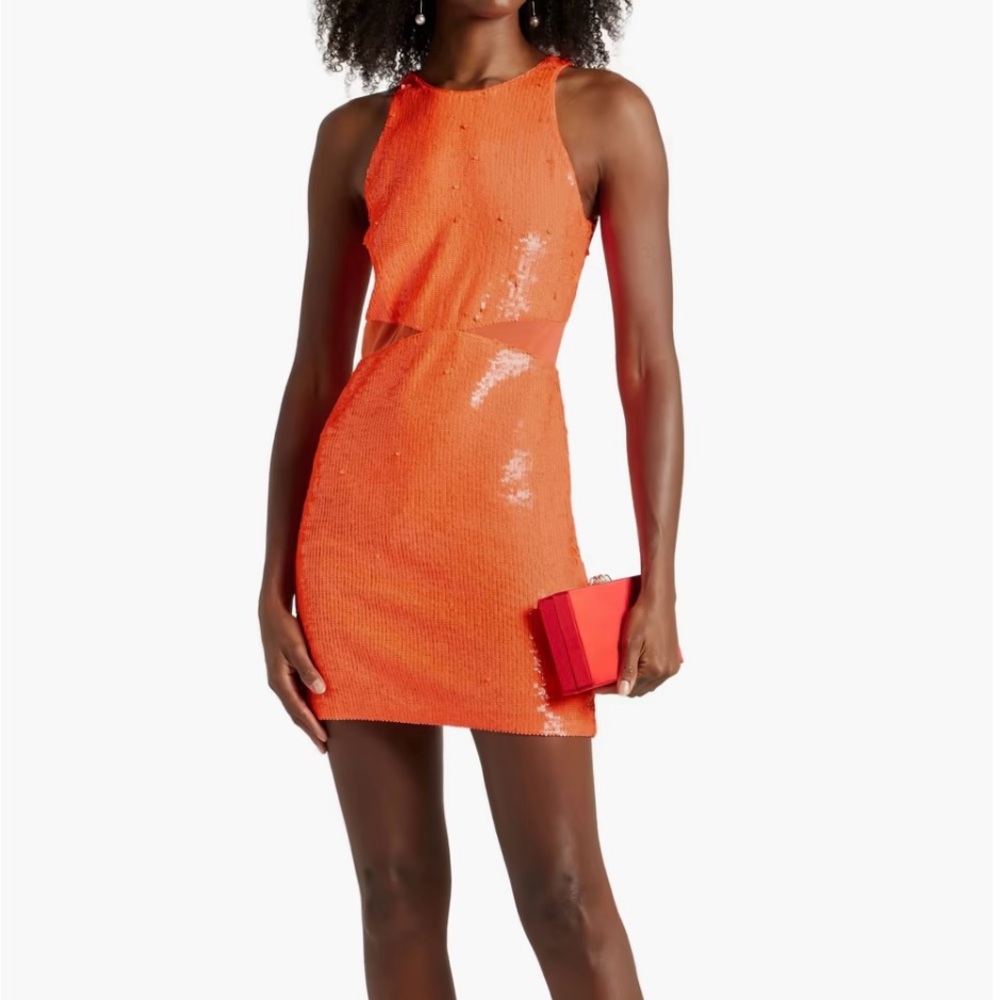 Alice & Olivia Cara bright coral sequence and mesh mini dress